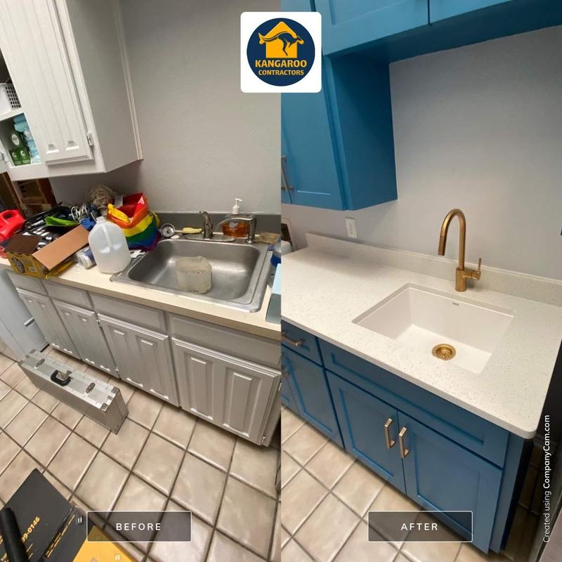 Laundry room sink and cabinets with brass fixtures upgrade
