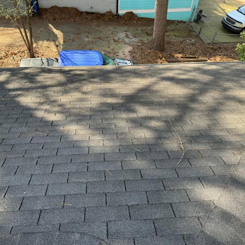 Asphalt shingle roof with minor debris and shadows