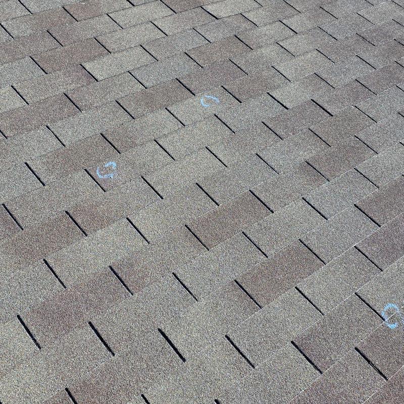 Asphalt roof shingles with hail damage markings