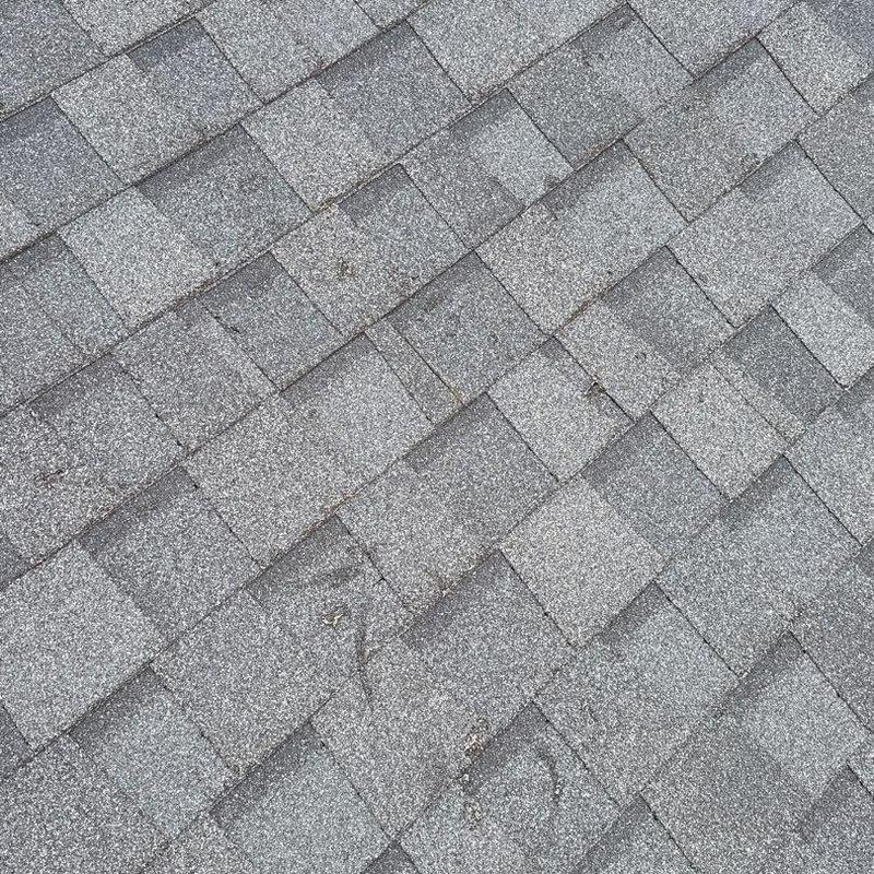 Asphalt shingle roof showing hail damage and wear