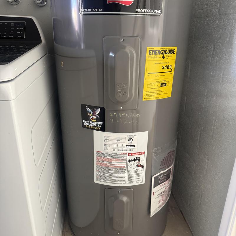 50 gallon short water heater with EnergyGuide label