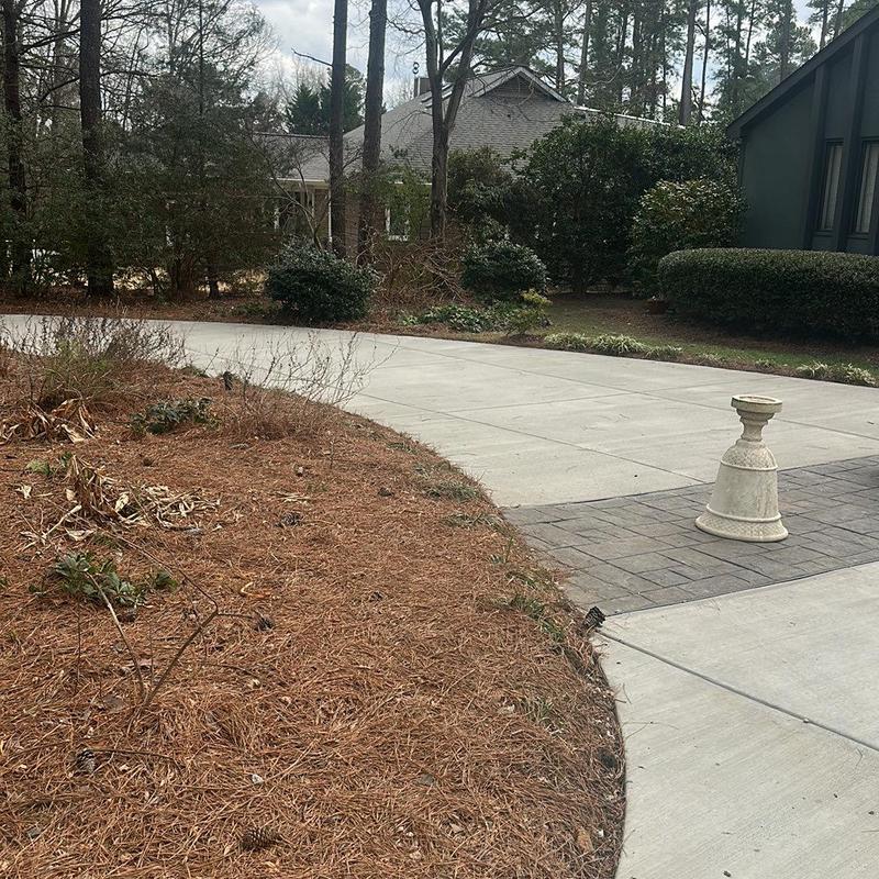 Concrete driveway with textured border and landscaping