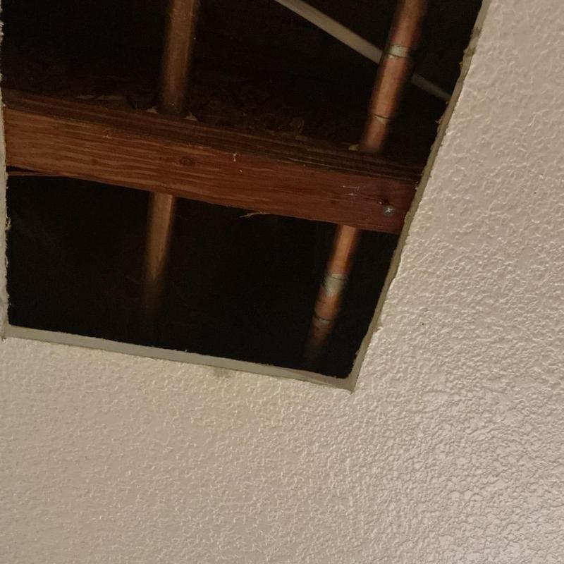 Copper water pipes in opened drywall ceiling cavity
