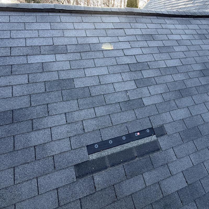 Asphalt shingles with replacement section on roof