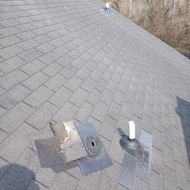 Pipe boot shingles with repair and replacement on roof