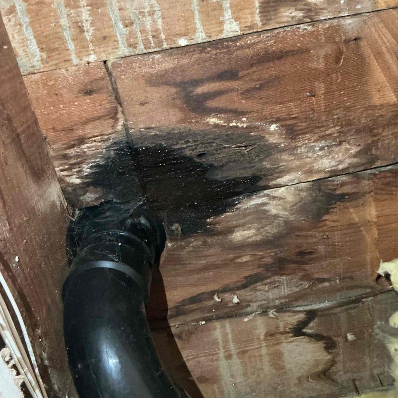 Toilet wax ring leak with black sewer pipe exposure