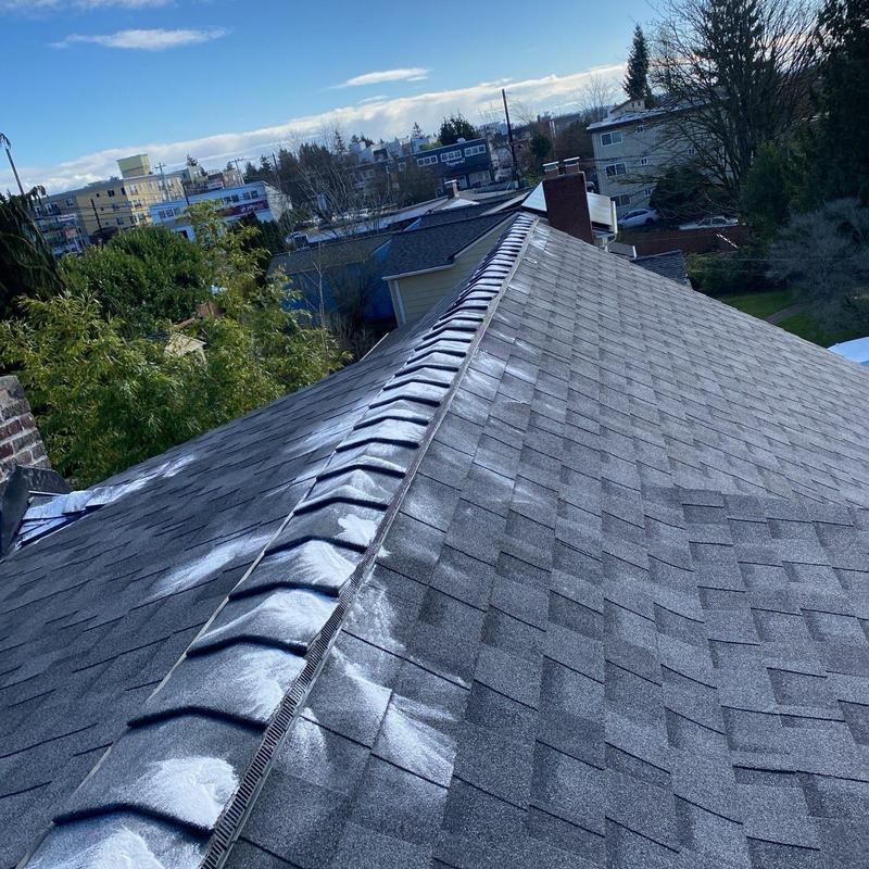 Roof shingles with moss treatment residue on ridge vent