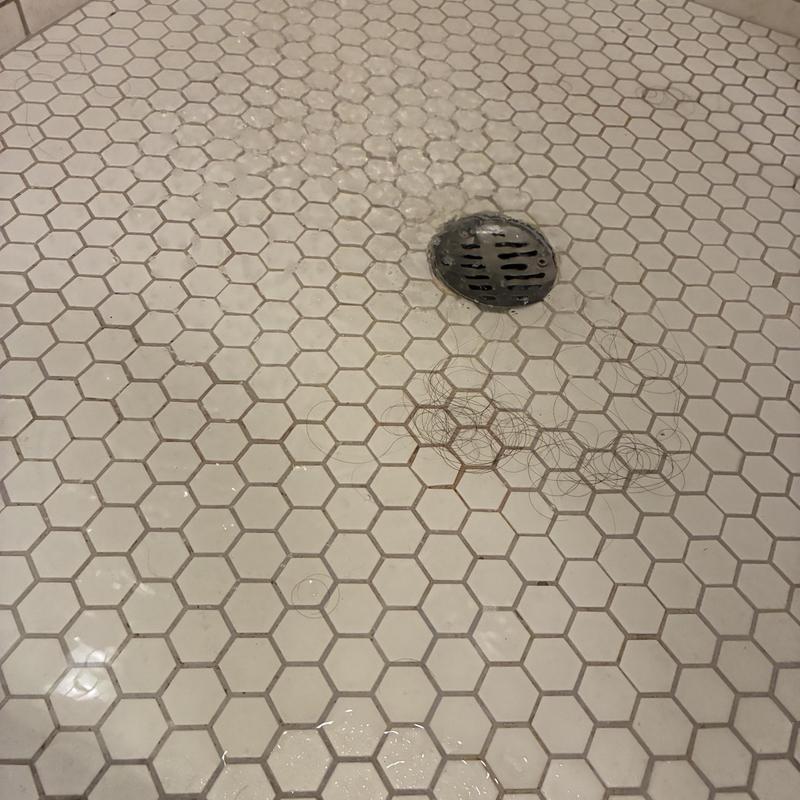 Shower drain with removed hair clog on tiled floor