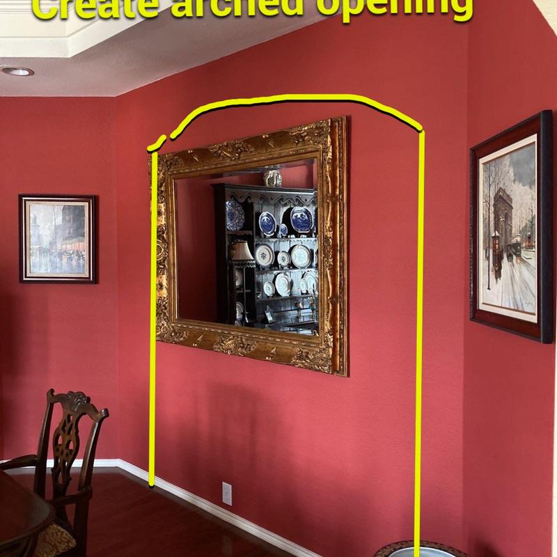 Arched wall opening between dining and family rooms