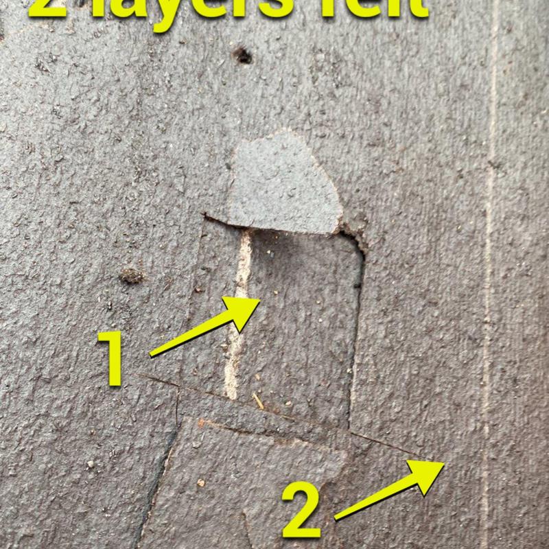 Roof decking damage under roofing felt layers Roof decking damage under roofing felt layers