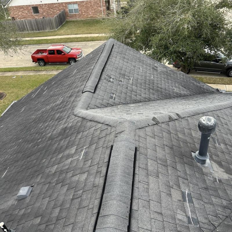 Asphalt shingle roof with visible wind damage and lifted tabs