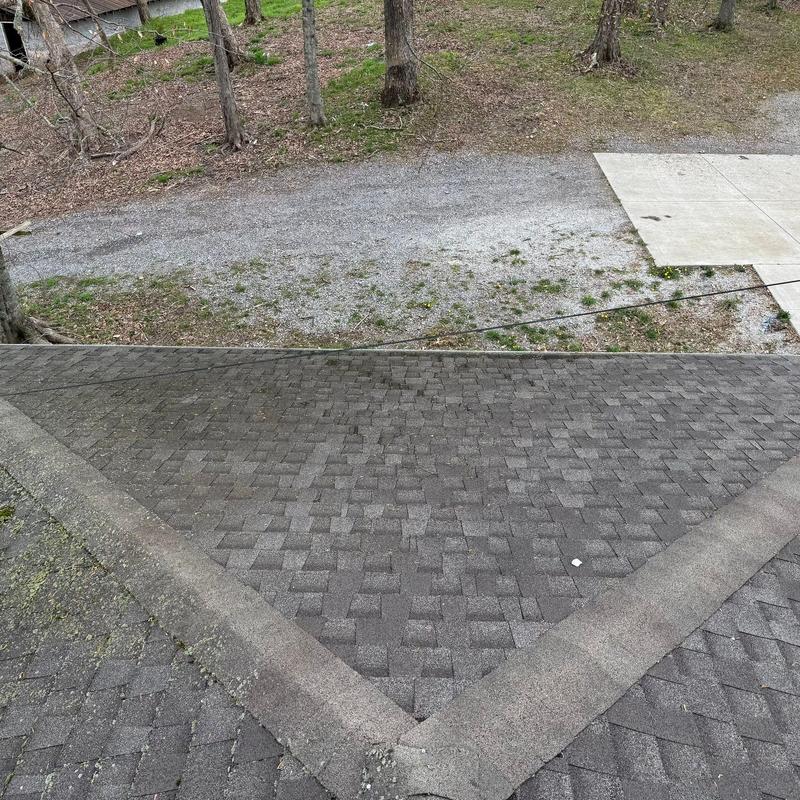 Asphalt shingle roof with valley flashing and tree surroundings