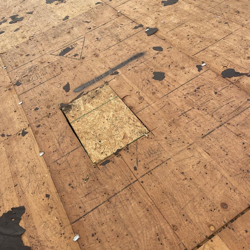 Roof decking plywood panel replacement before shingle install
