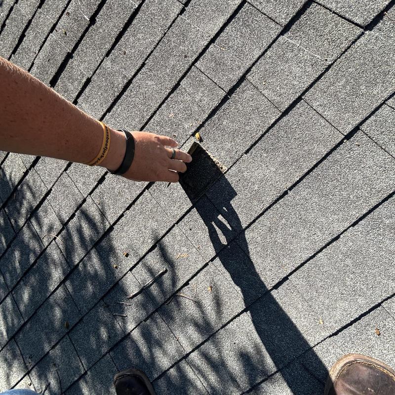 Roof shingles loose from wind damage on asphalt roof