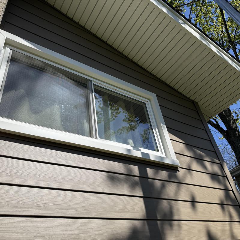 Composite insulated siding and soffit detail close-up