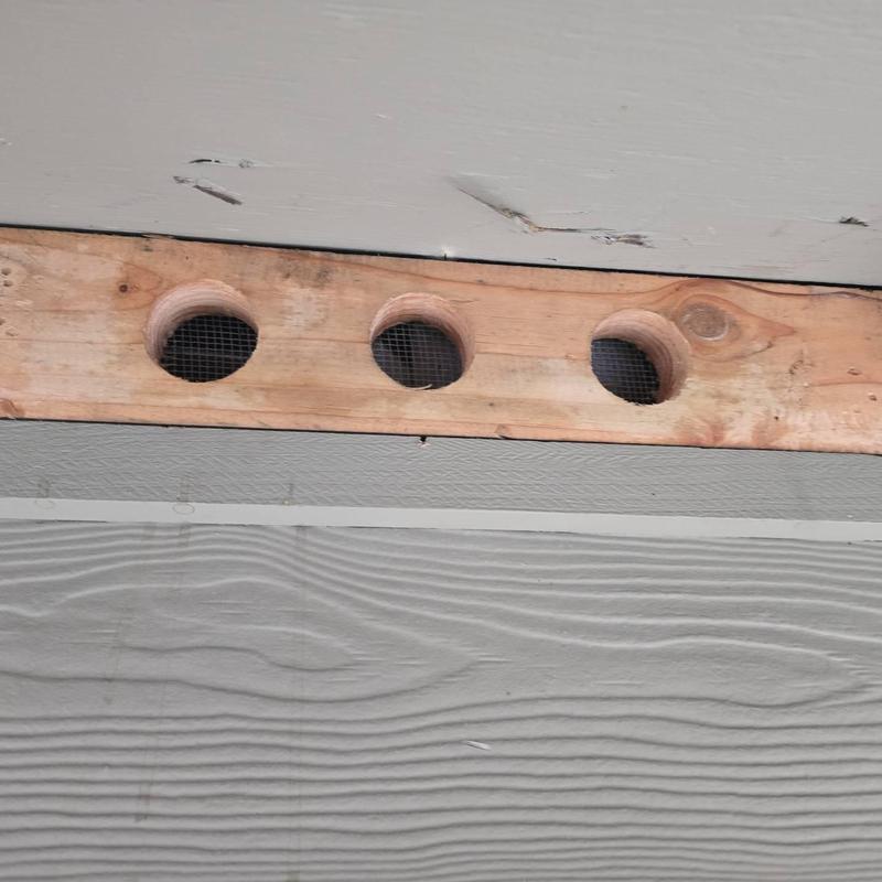 Soffit vent block with wood supports and mesh