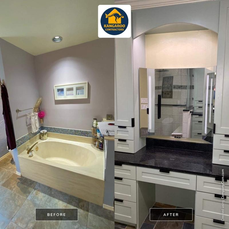 Vanity with storage replacing bathtub in bathroom remodel Vanity with storage replacing bathtub in bathroom remodel