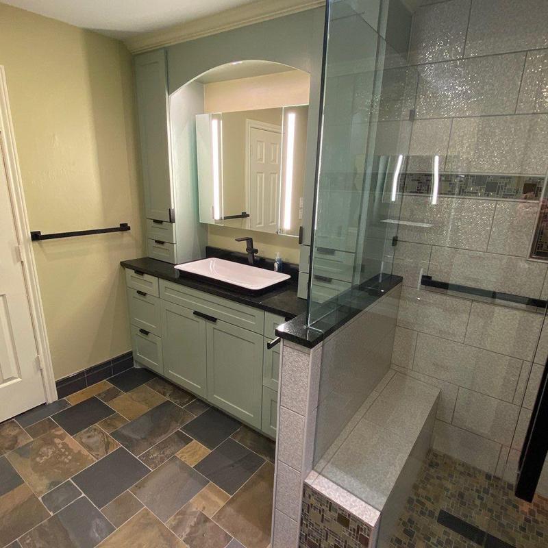 Double vanity sink with storage and tile shower Double vanity sink with storage and tile shower