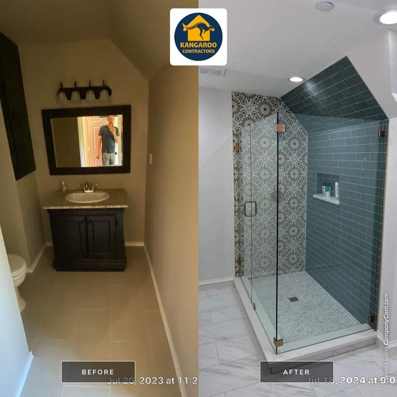 Shower enclosure and tiled bathroom remodel before and after Shower enclosure and tiled bathroom remodel before and after