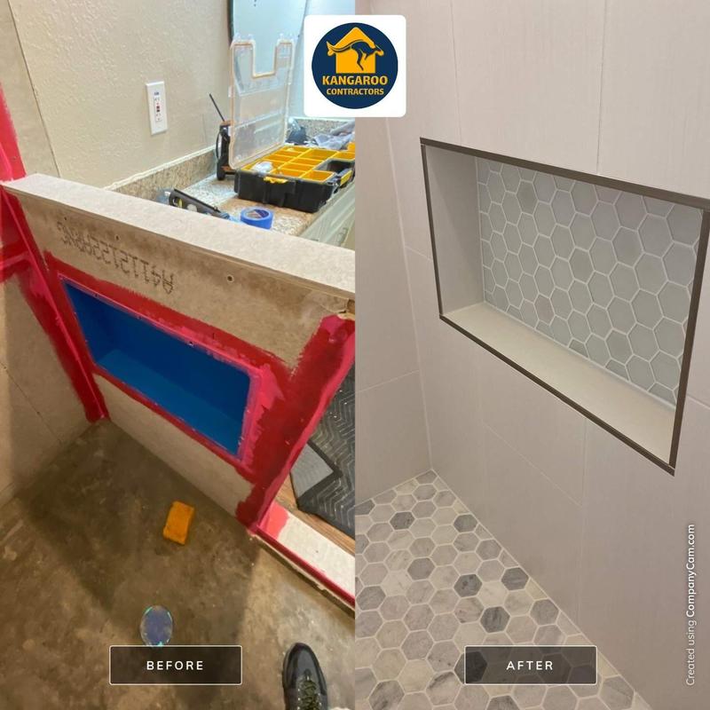 Shower niche waterproofing and tile installation before and after Shower niche waterproofing and tile installation before and after
