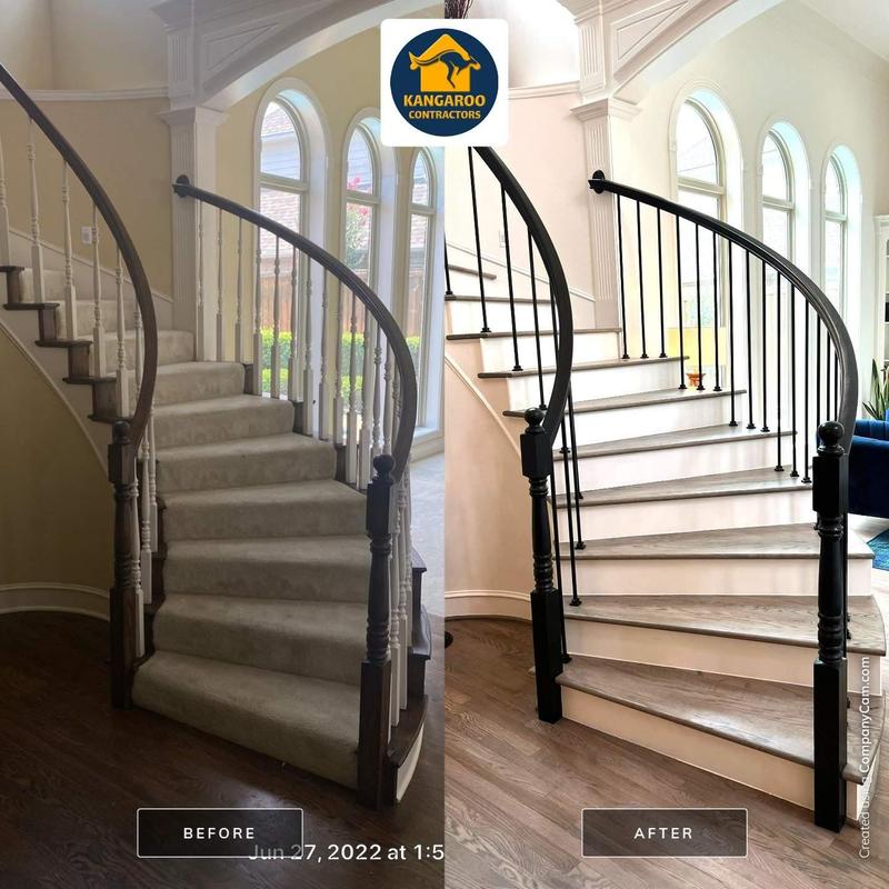 Curved hardwood stairs with iron spindles upgrade