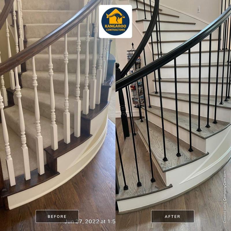 Curved hardwood stairs with iron spindles before and after
