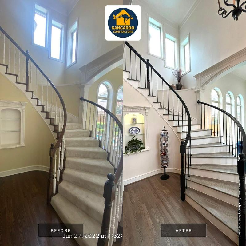 Curved staircase hardwood steps and iron spindles upgrade
