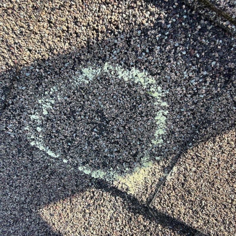 Asphalt shingle roof hail damage marked with chalk circle