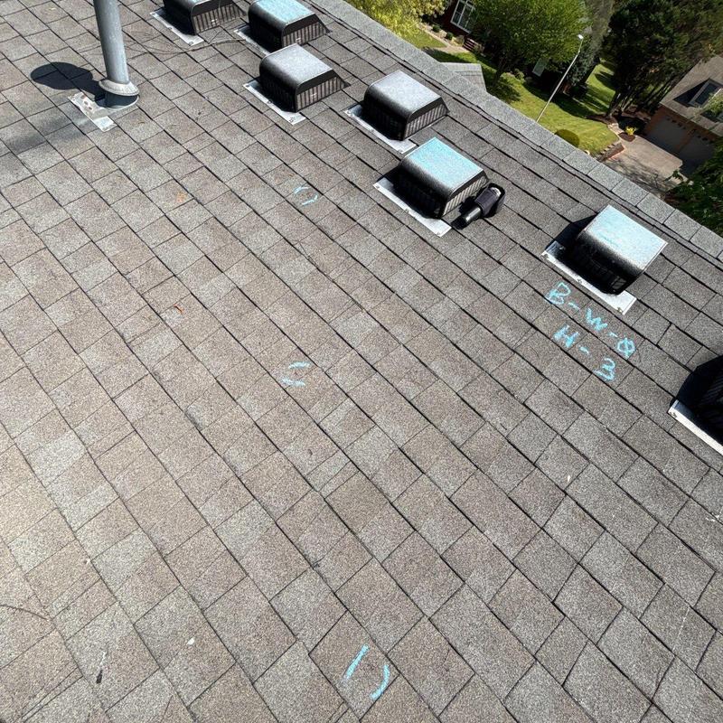 Asphalt shingle roof with hail damage markings