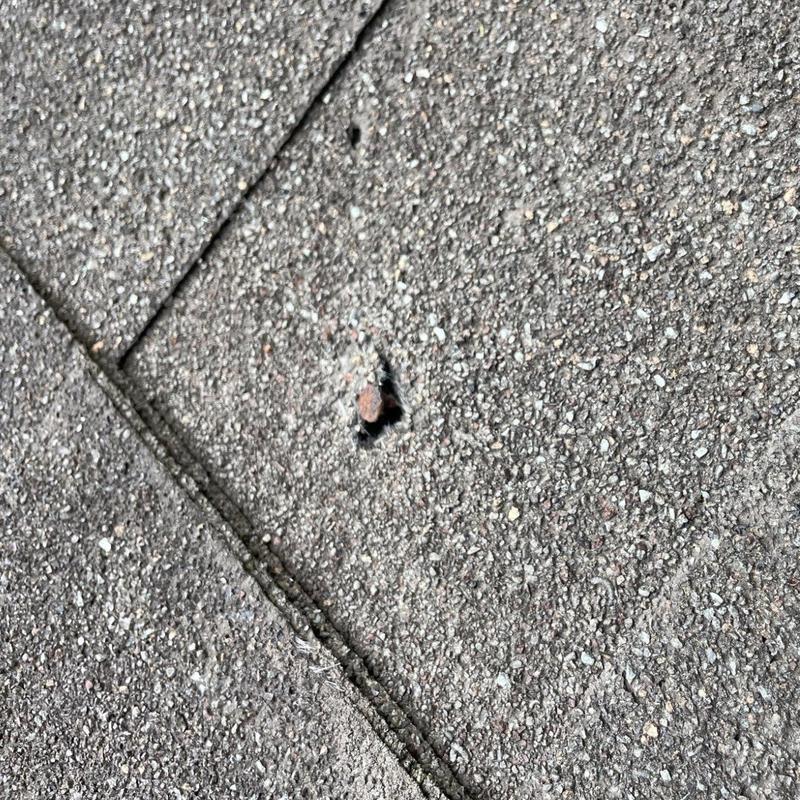 Asphalt shingle with exposed rusty nail head