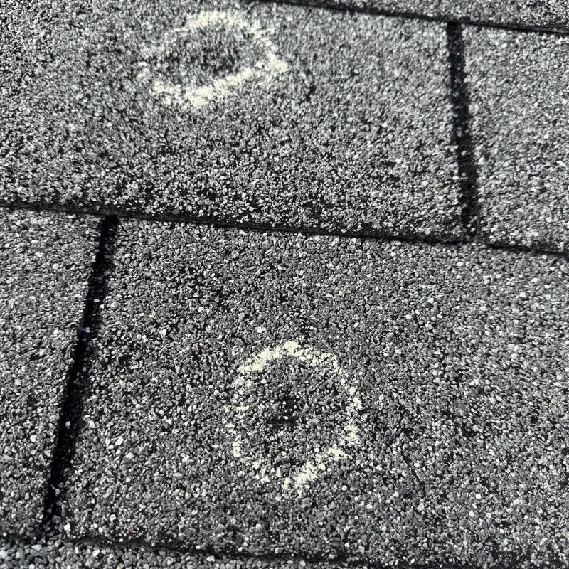 Roof shingles with hail damage circled in chalk Roof shingles with hail damage circled in chalk