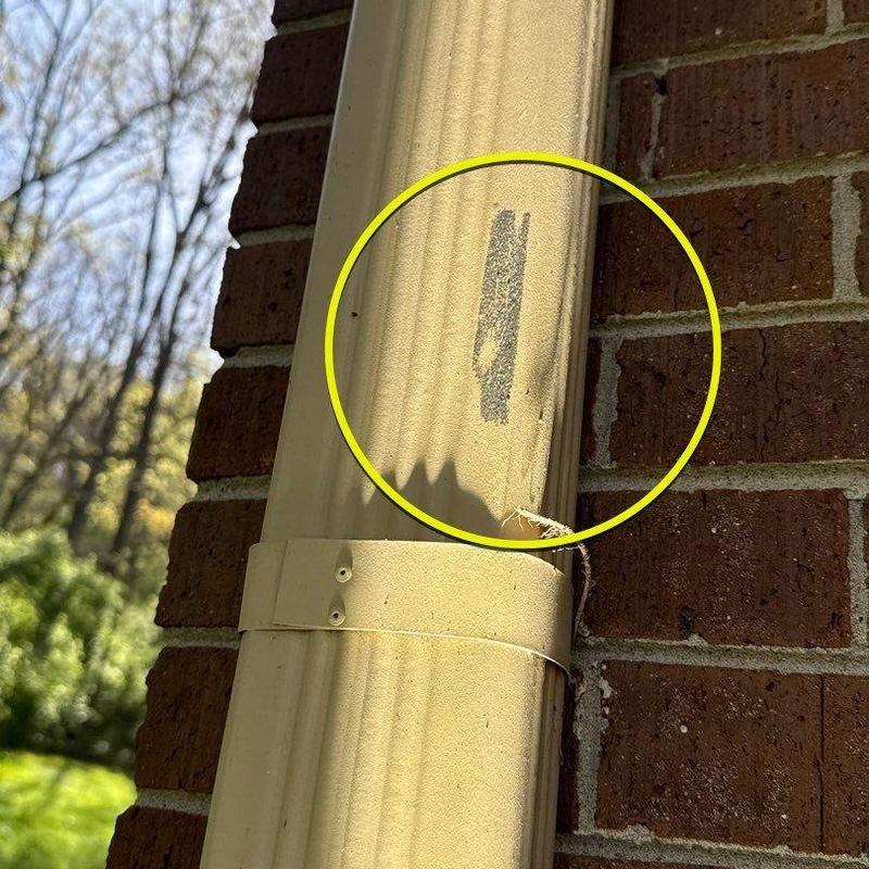 Downspout with surface damage circled on brick wall