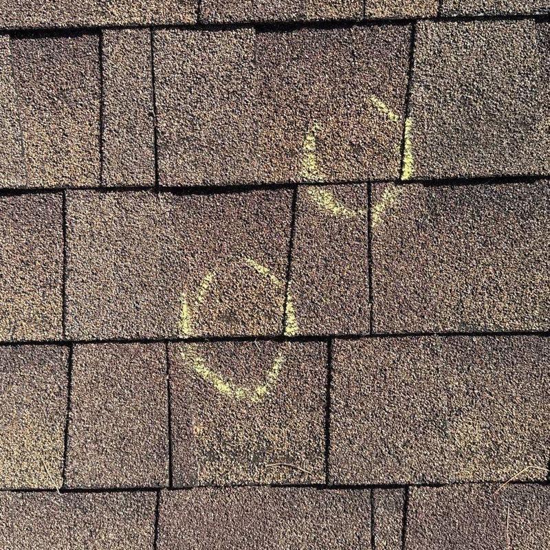 Shingle roof with hail damage marked in yellow