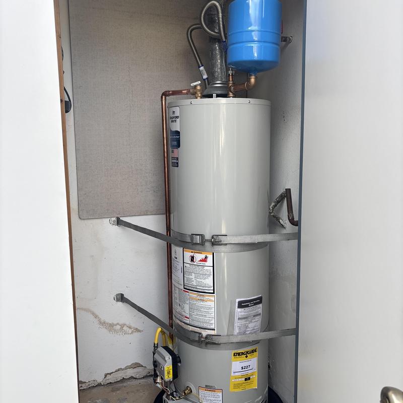 Natural gas water heater with expansion tank and pan