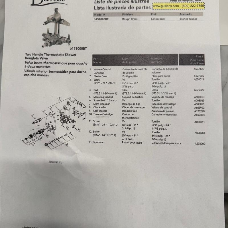 Thermostatic shower valve parts diagram and list