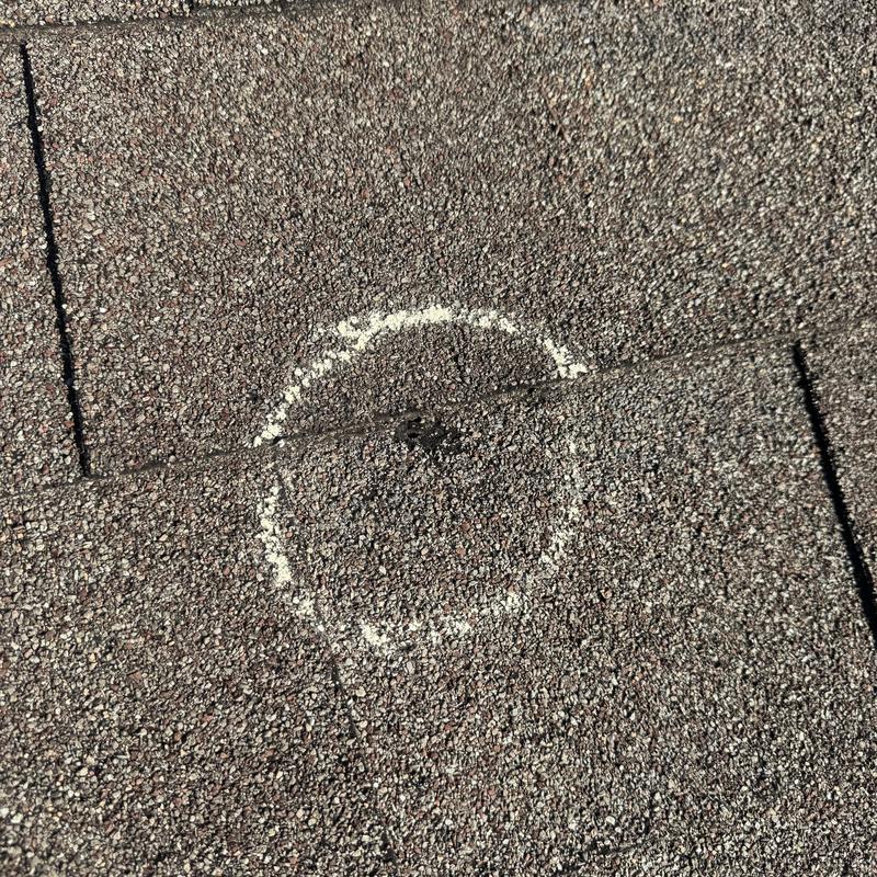 Roof shingle with nail pop marked for replacement Roof shingle with nail pop marked for replacement