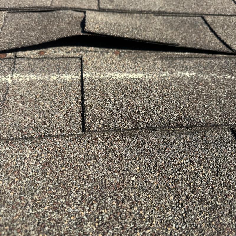 Asphalt shingle roof with lifted and damaged shingles Asphalt shingle roof with lifted and damaged shingles
