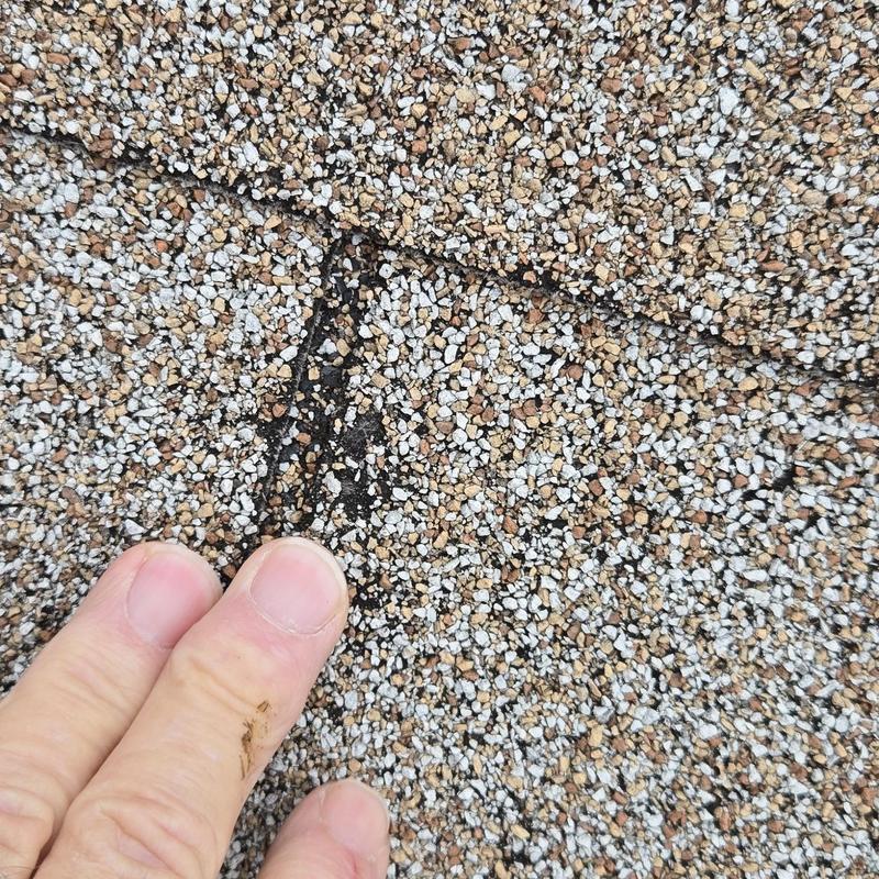 Asphalt shingle with wind and hail damage close-up