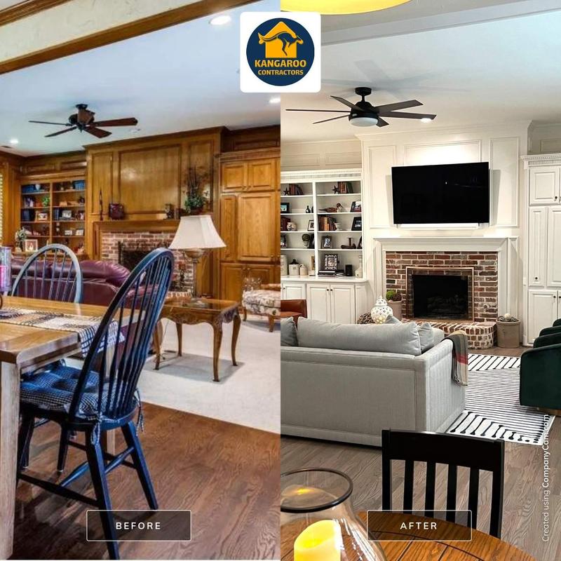 Fireplace wall paneling and cabinetry modernization before and after