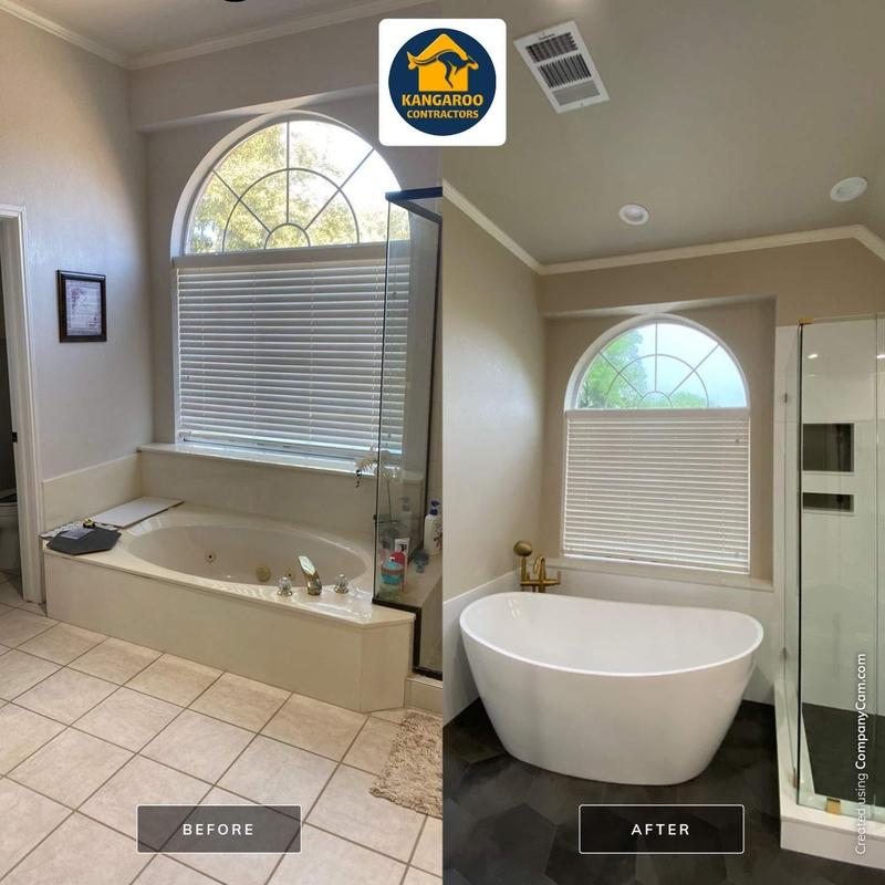 Freestanding bathtub with brass fixtures and hex tile flooring Freestanding bathtub with brass fixtures and hex tile flooring