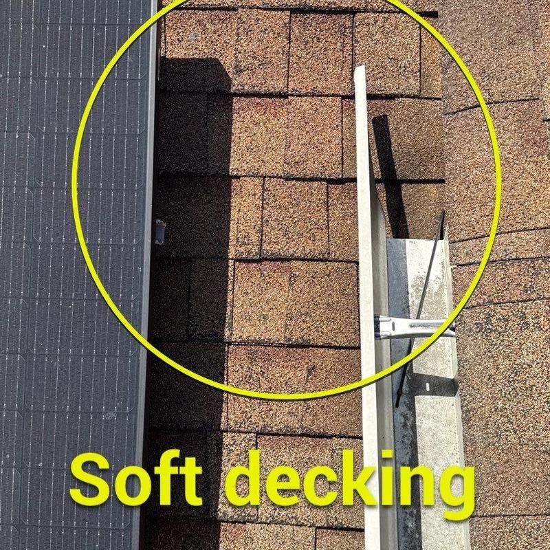 Asphalt shingles soft decking under solar panel brackets