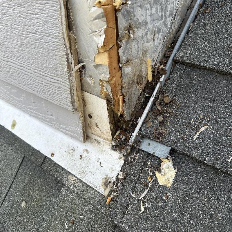 Siding and flashing damage at roof edge with rot