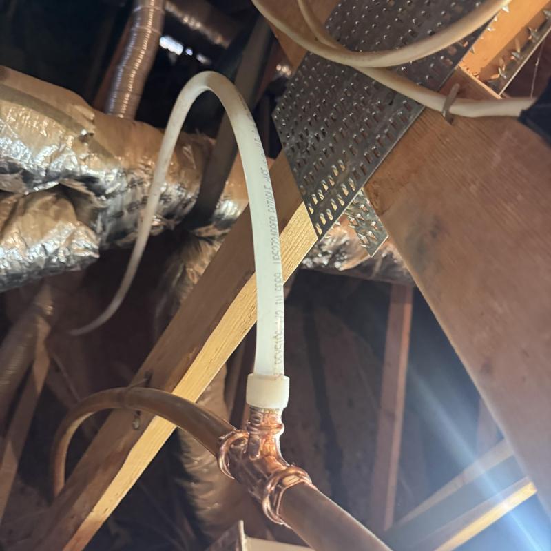 Pex waterline reroute in attic space with copper fittings