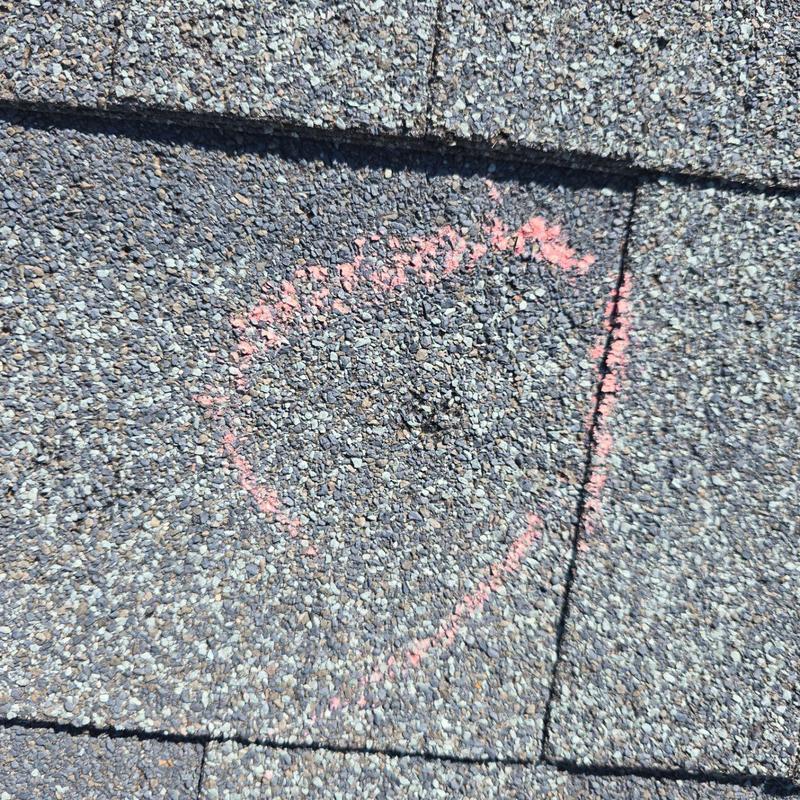 Shingle roof hail damage marked with spray paint Shingle roof hail damage marked with spray paint