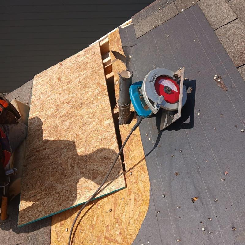 Decking board replacement at roof pipe boot with saw