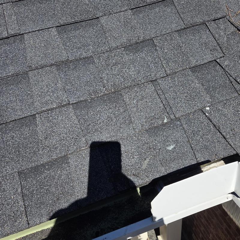 Asphalt roof shingles near gutter edge with inspection shadow