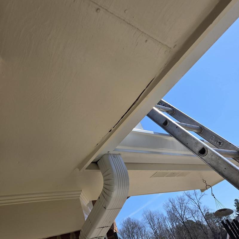 Fascia board with visible crack near gutter system and ladder