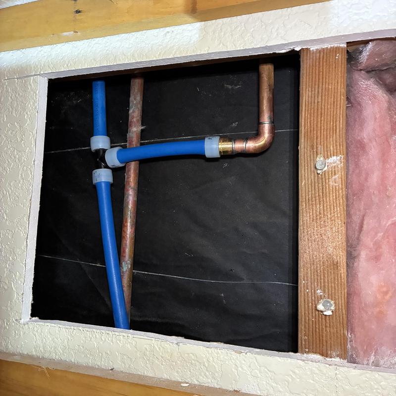 Cold water line reroute with copper and PEX pipes in wall Cold water line reroute with copper and PEX pipes in wall