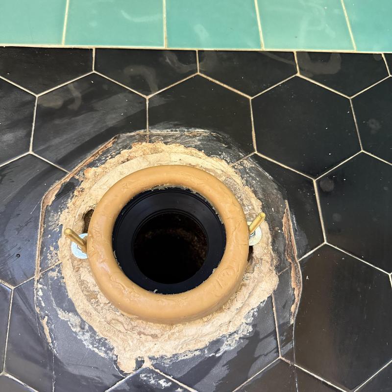 Toilet flange with new wax ring and bolts installation