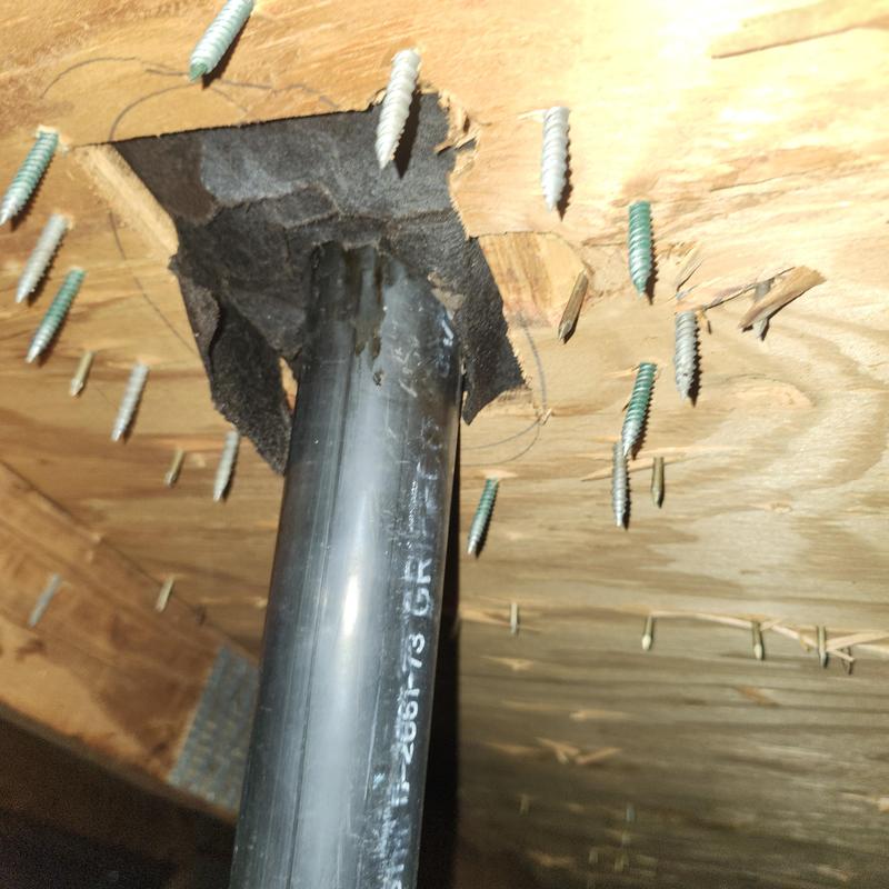 Unused roof pipe leak with water intrusion under plywood ceiling